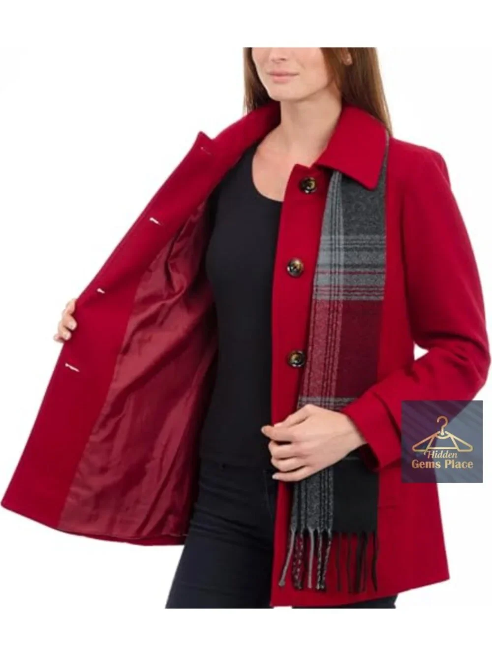 Wool Blend Peacoat with Scarf, Button Front, Long Sleeve, Seamed Pockets,